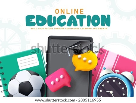 Online education distance learning concept clipart design. Online education concept with digital learning tools like tablet, notebooks, alarm clock, soccer ball, chat bubbles and graduation cap clip art for e learning, online courses, back to school and distance learning education banner vector illustration.
