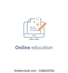 Online Education, Distance Learning, Copywriting Concept, Submit Content, Creative Writing, Exam Preparation, Storytelling, Vector Line Icon, Thin Stroke