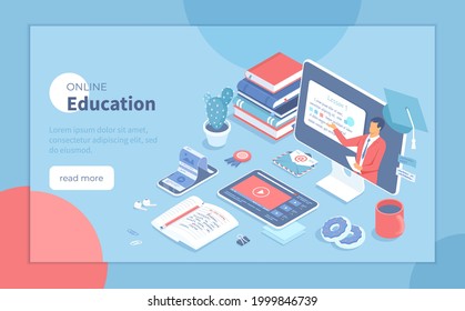 Online education. Distance learning, online courses, educational webinars at home. Educational video at monitor with teacher, tablet, phone, books, notebooks. Isometric vector illustration for banner