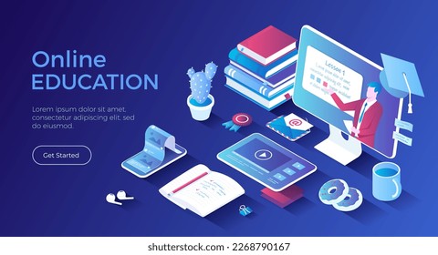 Online education. Distance learning, online courses, educational webinars at home. Educational video at monitor with teacher, tablet, phone, books, notebooks. Isometric landing page. Vector web banner