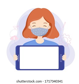 Online education or distance learning due to Coronavirus or Covid19 outbreak with girl wearing fabric face mask holding smartphone with blank screen for bulletin board or sign