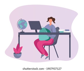 Online Education and Distance Learning during Quarantine.Schoolgirl Get Knowledge From the Internet.
Online School.
Schoolchildren Communicate Online in Coronavirus.Flat Vector Illustration