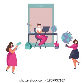 Online Education and Distance Learning during Quarantine.Schoolgirl Get Knowledge From the Internet.
Online School.
Schoolchildren Communicate Online in Coronavirus.Flat Vector Illustration