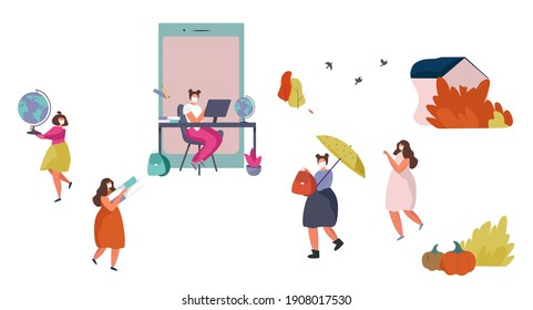 Online Education and Distance Learning during Quarantine.Schoolgirl Get Knowledge From the Internet.
Online School. Schoolchildren Communicate Online in Coronavirus. Flat Vector Illustration