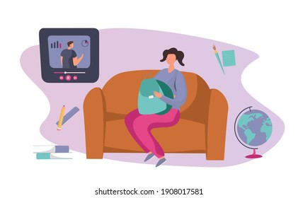 Educación en línea y aprendizaje a distancia durante la cuarentena. La colegiala obtiene conocimiento de Internet. Escuela en línea.
Niños en edad escolar se comunican en línea en Coronavirus. Ilustración de vectores planos