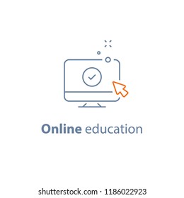 Online Education, Distance Learning, Enrollment Concept, Submit Content, Internet Services, Desktop And Cursor, Vector Line Icon