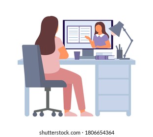 Online education and distance learning at home concept. Computer video conferencing to woman teacher. Video call online meeting. Workspace, remote work, collective virtual meeting. Vector flat