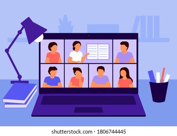 Online education and distance learning at home concept. Laptop video conferencing to woman teacher. Video call online meeting. Workspace, remote work, collective virtual meeting. Vector flat