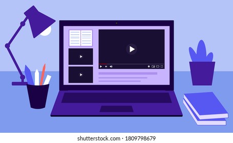 Online education and distance learning at home concept. Laptop video study by lesson. Video online. Workspace, remote work, virtual education. Vector flat illustration