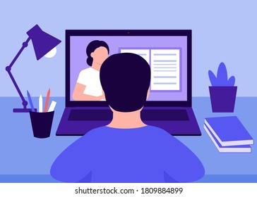 Online education and distance learning at home, rear view boy. Home school. Laptop video conferencing to woman teacher. Video call online meeting. Workspace, remote work, virtual meeting. Vector flat