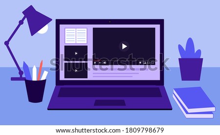 Online education and distance learning at home concept. Laptop video study by lesson. Video online. Workspace, remote work, virtual education. Vector flat illustration