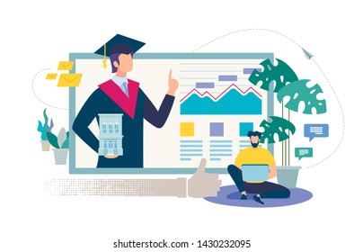Online Education, Distance Learning, Internet University or Collage Flat Vector Concept. Man Watching Online Courses on Laptop, Student in Graduation Hat and Mantle on Computer Monitor Illustration