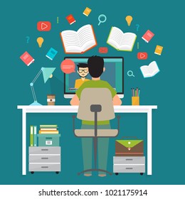 Online education, distance learning. Man sitting behind his desk studying. Flat modern illustration concepts