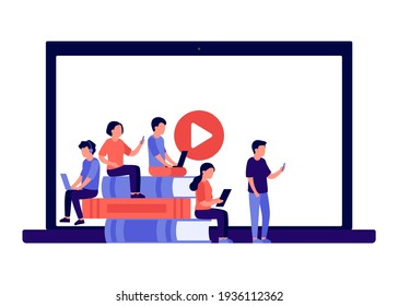 Online education, distance learning on book and video at home concept. Students learning through laptop, smartphone, tablet. Workspace, remote work, collective virtual meeting. Vector flat