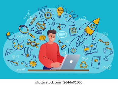 Online education. Distance learning, recorded classes, video tutorial metaphors. online educational. Home education, remote university graduation. e-learning and podcast. Vector flat.
