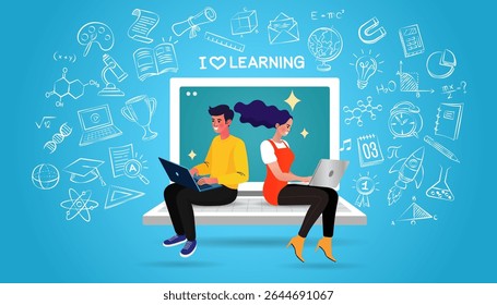 Educação online. Ensino a distância, aulas gravadas, metáforas de vídeo tutorial. educação on-line. Educação doméstica, graduação em universidade remota. e-learning e podcast. Vetor plano.