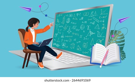 Educação online. Ensino a distância, aulas gravadas, metáforas de vídeo tutorial. educação on-line. Educação doméstica, graduação em universidade remota. e-learning e podcast. Vetor plano.