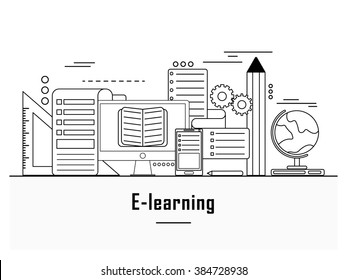 Online education, distance learning, retraining concepts, e-learning web banner, hero image, website slider. Line art vector illustration.