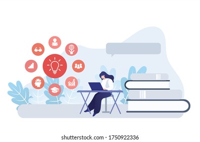 Online education. Distance learning students, e learning concept. People studying with laptops and tablets vector illustration. Education student online, distance university e-learning