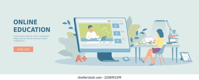 Online education, distance learning, studying, training. Girl watching a video lesson, has an online course. Promotional web banner. Cartoon flat vector illustration with people characters.	

