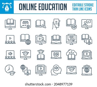 Iconos de línea delgada de educación en línea y aprendizaje a distancia. Estudio y seminario web desde un equipo de computadora, curso en línea y conjunto de iconos de esquema de lecciones de video. Iconos de trazo editables.