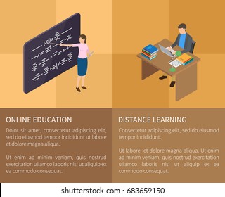 Online education and distance learning vector poster of two parts with teacher near blackboard and male student studying with laptop at table