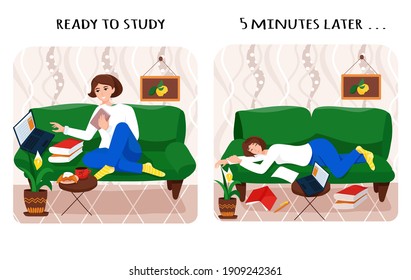 Online education, distance learning. Young girl is sitting comfortably on the couch and studying online with books and laptop, then slipping instead of studying. Hand drawn flat vector illustration