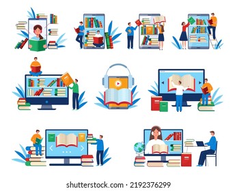 Online education. Distance smartphone library technology students listen and reading audio books recent vector flat concept pictures set