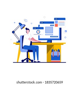 Online education, distance education, study guides, home schooling, exam preparation concepts with character. Online courses and business. Modern flat style for landing page, mobile app, hero images.