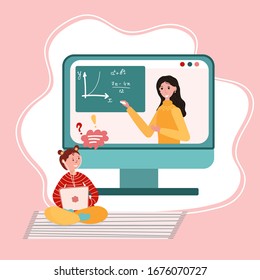 Online education. Distance study at school. Student sit home and study in digital course. Teacher is leaning in the computer monitor. Girl is listening teacher using laptop.