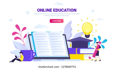 Online education, distance education vector illustration. Education concept for website, landing page header, banner, print. Modern vector illustration with character.