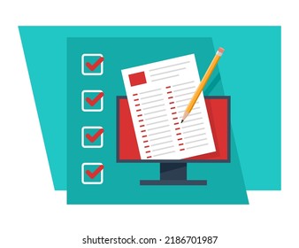 Online education and distant e-learning. Computer display with paper and pencil inside. Remote teaching.