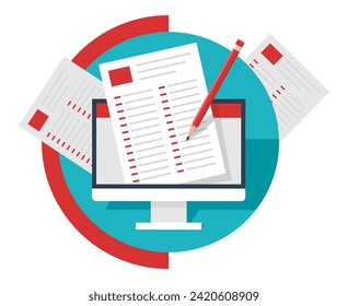 Online education and distant e-learning isolated illustration. Computer display with paper and pencil inside. Remote teaching.