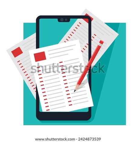 Online education and distant e-learning isolated illustration. Phone display with paper and pencil inside. Remote teaching.