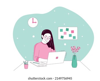 Educación en línea, educación distante.  Chica o mujer con laptop. Trabajo desde casa, trabajo distante. Estudia desde casa. Plano. Ilustración de la página de inicio.