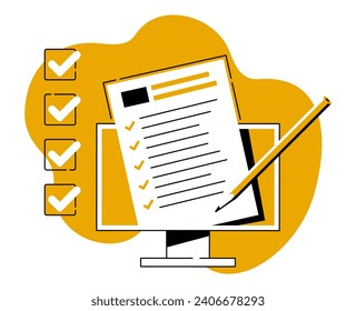 Online education and distant, remote e-learning. Computer display with paper and pencil inside. Grungy textured banner