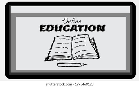 Online Education Doodle Concept. Hand drawn book and pencil on tablet monitor. Minimalist style. Vector illustration.