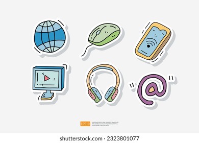 Conjunto de stickers de iconos de doodle de educación en línea. Aprendizaje a distancia. clases de video, curso en línea, e-learning, curso de audio, sitio web educativo. Ilustración del vector