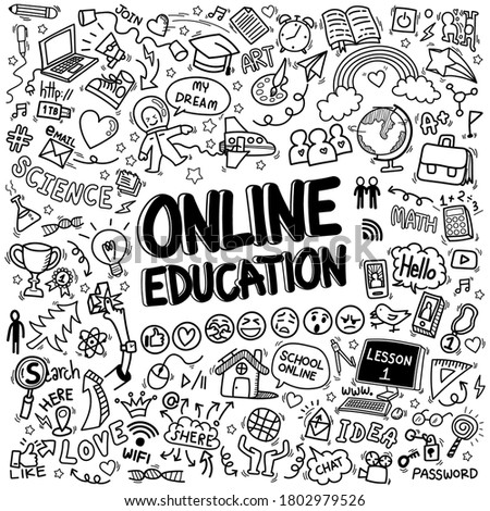 online education doodle icons pattern background. hand drawn cartoon education sign and stationery supply item and icon symbols isolated on white background