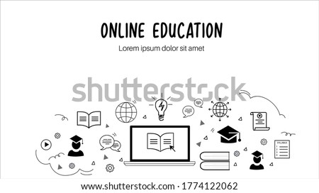 Online Education doodle style banner in white background. E-learning concept background icons black colors. 