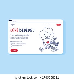 Plantilla del sitio web del vector del doodle de educación en línea. Club de ciencias de la biología para niños. Plantilla de cartel para la educación abierta.