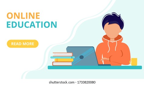Online education during coronavirus outbreak concept. Boy studying with laptop and books. Landing page or banner template. Vector illustration in flat style. Stay at home. Self-isolation.