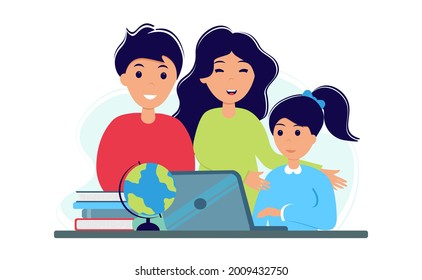 Educación en línea durante el concepto de brote de coronavirus. Muchacha estudiando en una laptop con sus padres. La familia se queda en casa. Ilustración vectorial en estilo plano. Autoaislamiento.