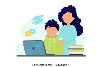 Online education during the coronavirus outbreak concept. The boy is studying on a laptop with his mother. The family stays at home. Vector illustration in a flat style. Self-isolation.