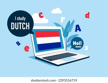 Online education. Dutch language course banner. Video course, distance education, web seminar, internet class. Vector illustration. 