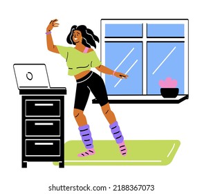 Online education and e learning. Active woman watching video lesson or remote course of aerobics and workout on laptop. Character performs exercises and does sports. Cartoon flat vector illustration