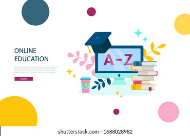 Online education, e learning and adult courses concept. Language distance school. Modern vector illustration in flat cartoon style for web site, banner design, video tutorial, landing page template