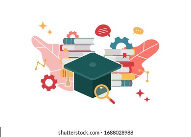 Online Education, E Learning And Adult Courses Concept. Language Distance School. Modern Vector Illustration In Flat Cartoon Style For Web Site, Banner Design, Video Tutorial, Landing Page Template