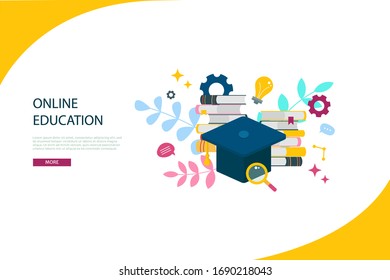 Online education, e learning and adult courses concept. Language distance school. Modern vector illustration in flat cartoon style for web site, banner design, video tutorial, landing page template