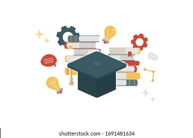 Online Education, E Learning And Adult Courses Concept. Language Distance School. Modern Vector Illustration In Flat Cartoon Style For Web Site, Banner Design, Video Tutorial, Landing Page Template